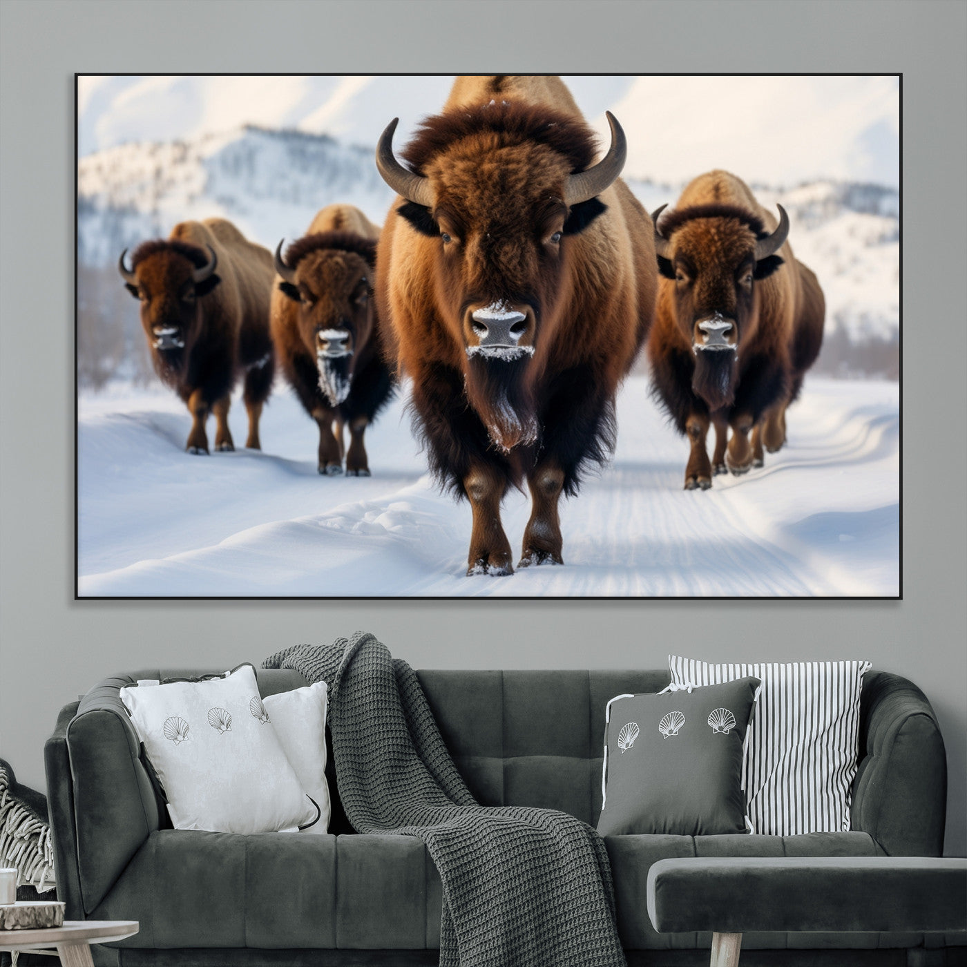 56701-MGV-CV-36X24-Bison Herd Wall Art – Buffalo Walking in Snowy Mountains Canvas Print, Rustic Wildlife Decor for Cabin, Lodge, or Living Room