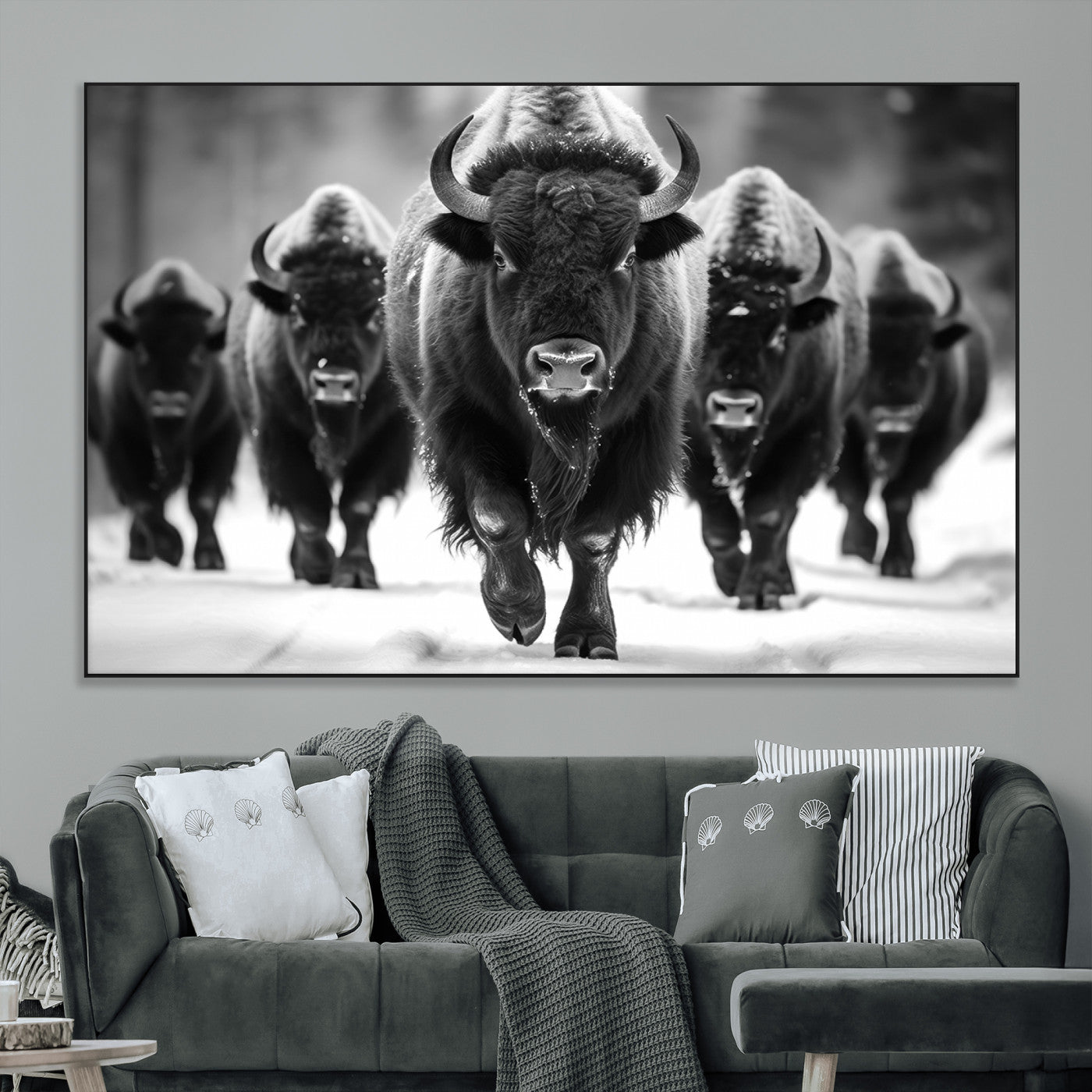 79872-MGV-CV-36X24-Bison Herd Wall Art – Black and White Buffalo on Snow Canvas Print, Rustic Wildlife Decor for Lodge, Cabin, or Living Room
