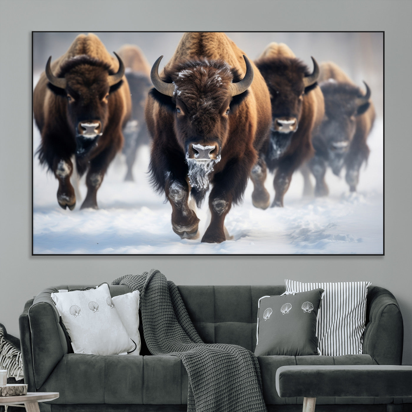 80512-MGV-CV-36X24-Bison Herd Wall Art – Buffalo Running in Snow Canvas Print, Rustic Wildlife Photography Decor for Cabin, Lodge, or Living Room