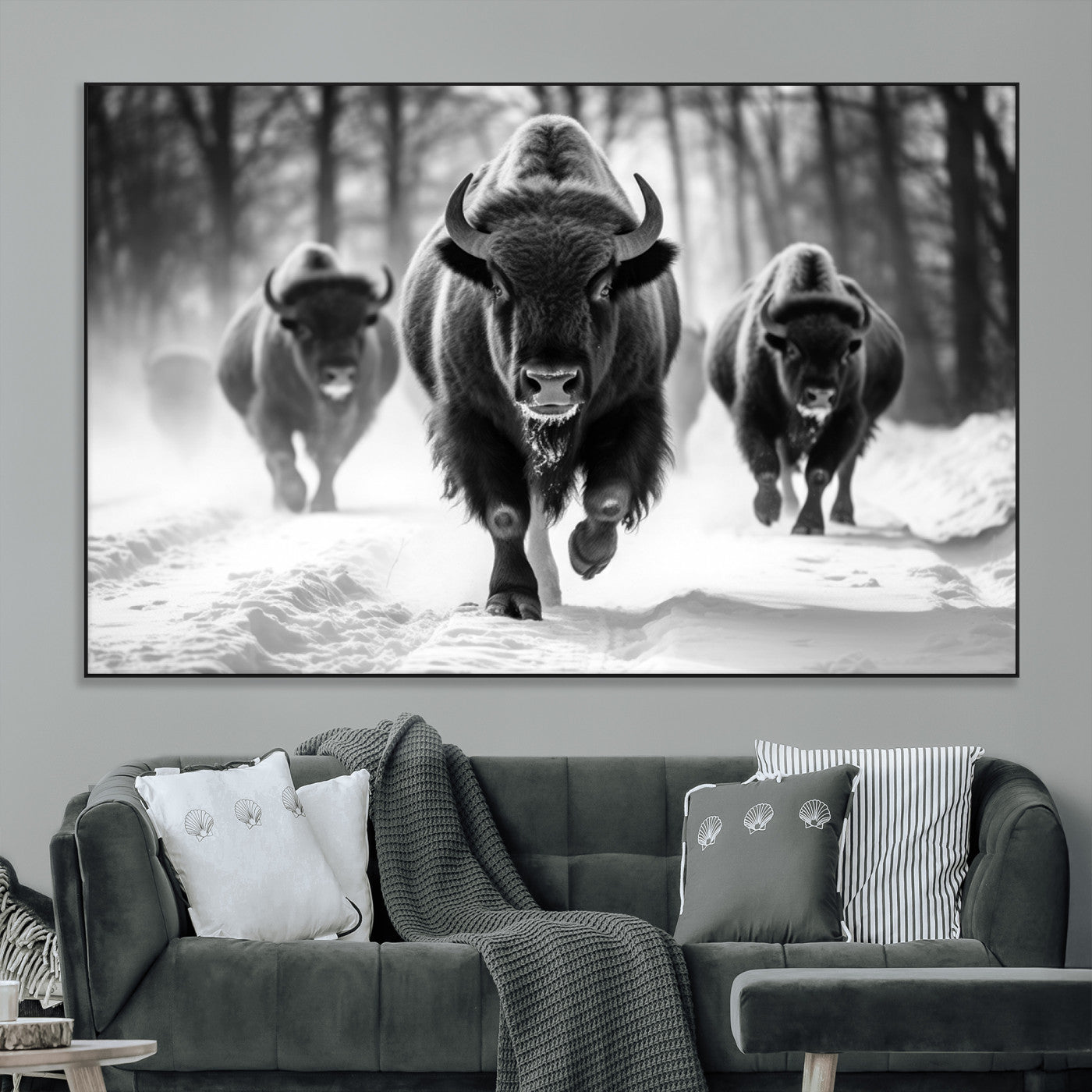 97552-MGV-CV-36X24-Black and White Bison Wall Art – Buffalo Herd Running in Snow Canvas Print, Rustic Wildlife Photography Decor for Cabin, Lodge, or
