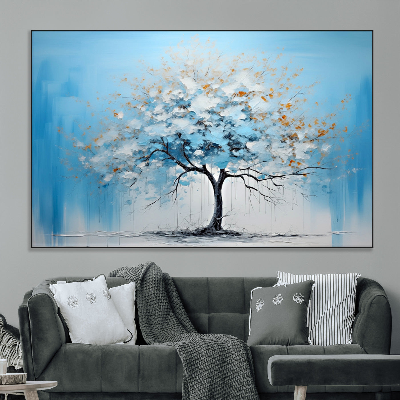 25021-MGV-CV-36X24-Abstract Tree Wall Art – Blue and White Canvas Painting with Gold Accents, Modern Nature-Inspired Artwork for Living Room, Bedroom