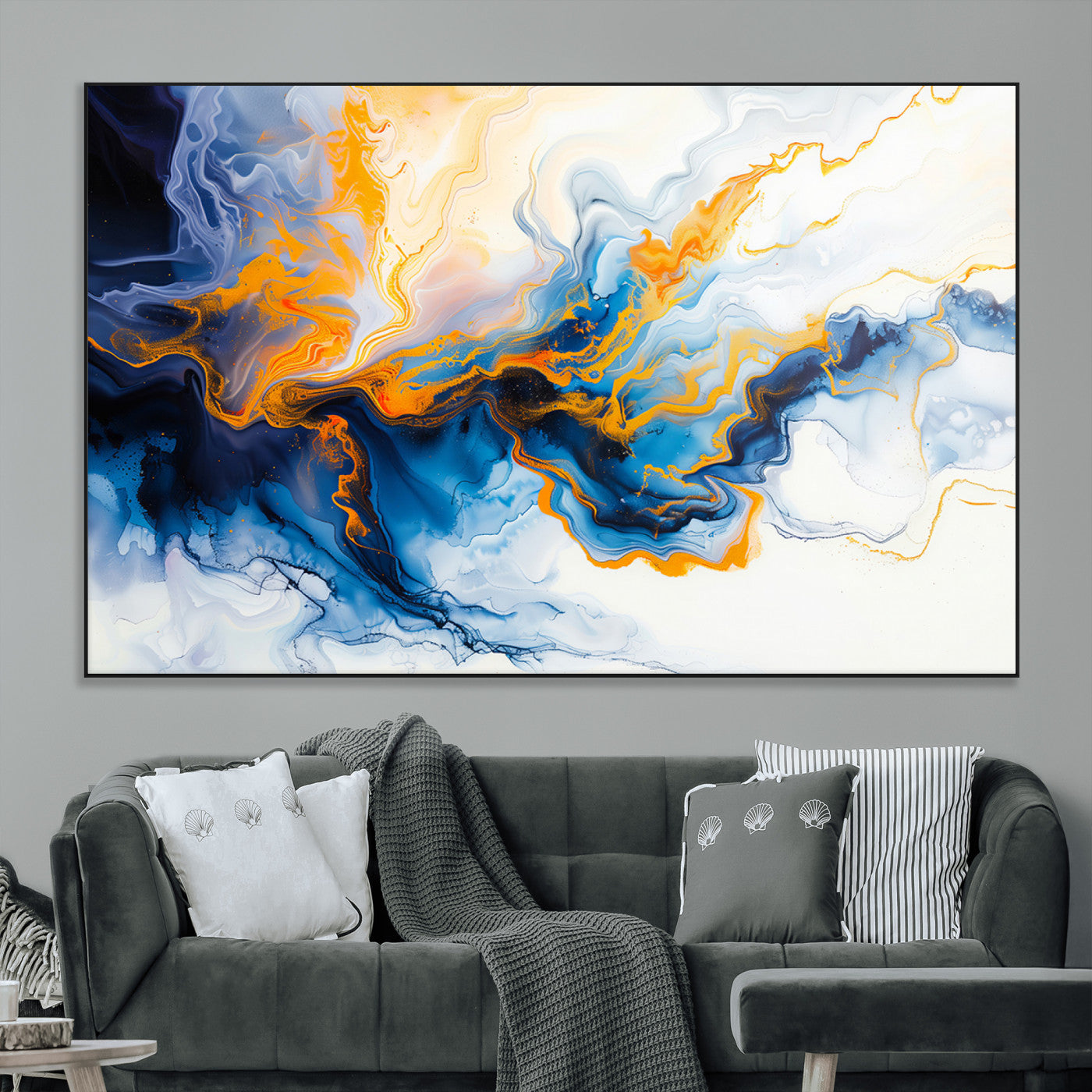 83720-MGV-CV-36X24-Abstract Fluid Wall Art – Blue, White and Gold Swirl Canvas Painting, Modern Contemporary Artwork for Living Room, Bedroom or