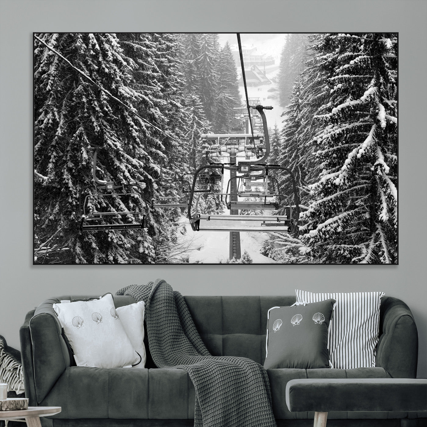 19240-MGV-CV-36X24-Ski Lift Wall Art – Black and White Winter Mountain Canvas Print, Snowy Forest Ski Resort Photography for Cabin, Lodge, Office or