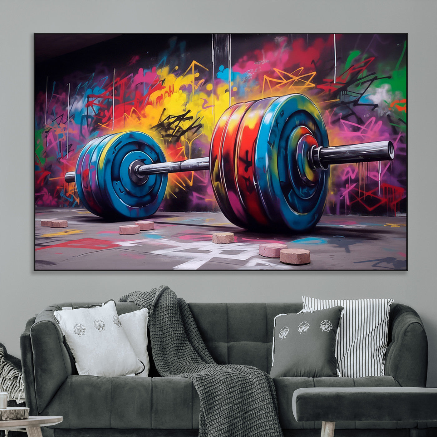 13549-MGV-CV-36X24-Graffiti Gym Wall Art Canvas Print, Framed Graffiti Barbell Art Picture Print, Weightlifting Perfect Fitness Studio Decor Artwork