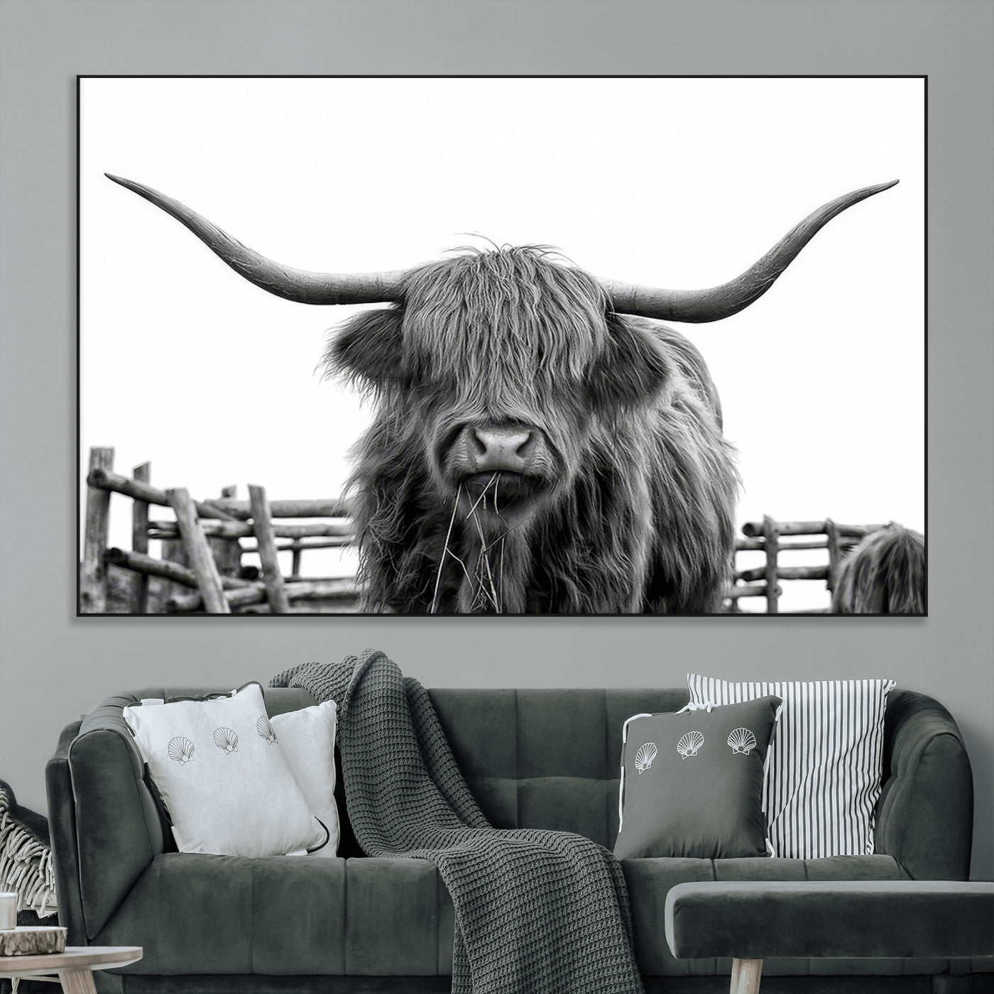 58188-MGV-CV-36X24-Highland Cow Wall Art – Black and White Rustic Farmhouse Canvas Print, Longhorn Cattle Photography Decor for Living Room or