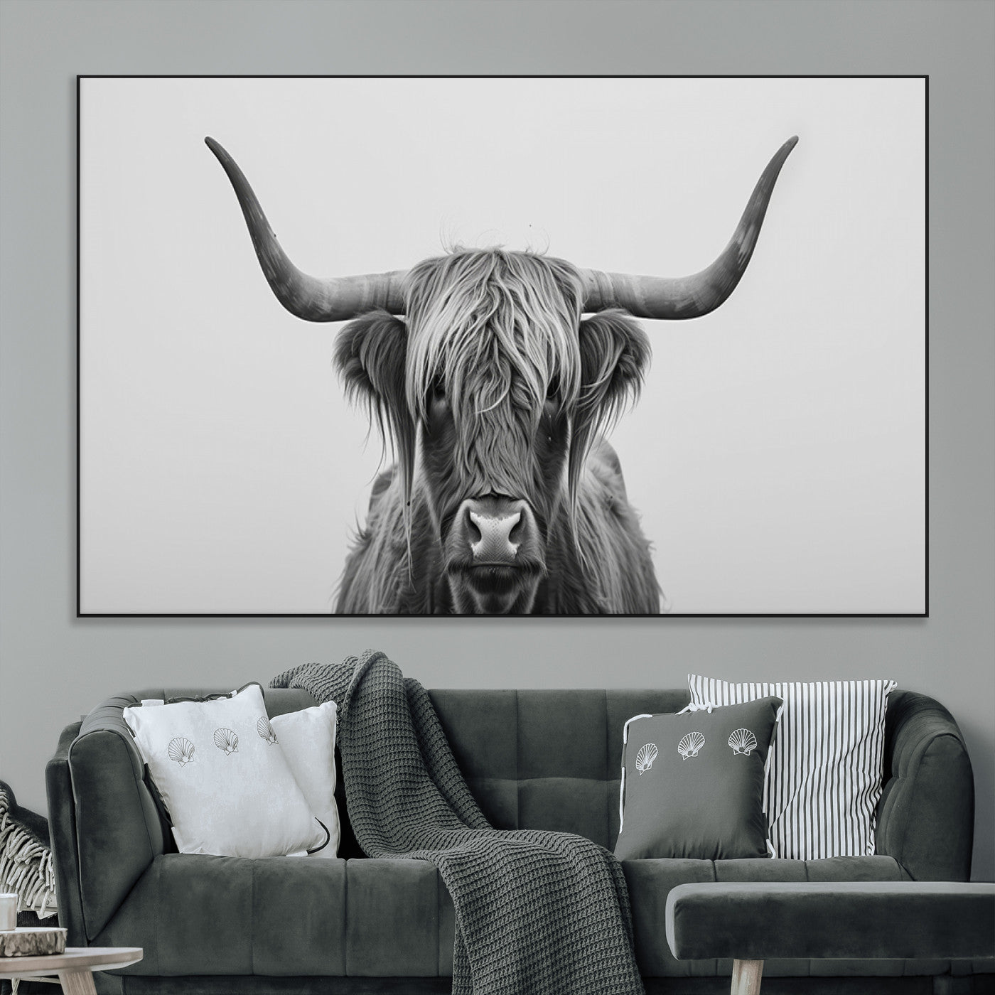 35820-MGV-CV-36X24-Minimalist Highland Cow Wall Art – Black and White Longhorn Cattle Canvas Print, Modern Farmhouse Animal Photography Decor for