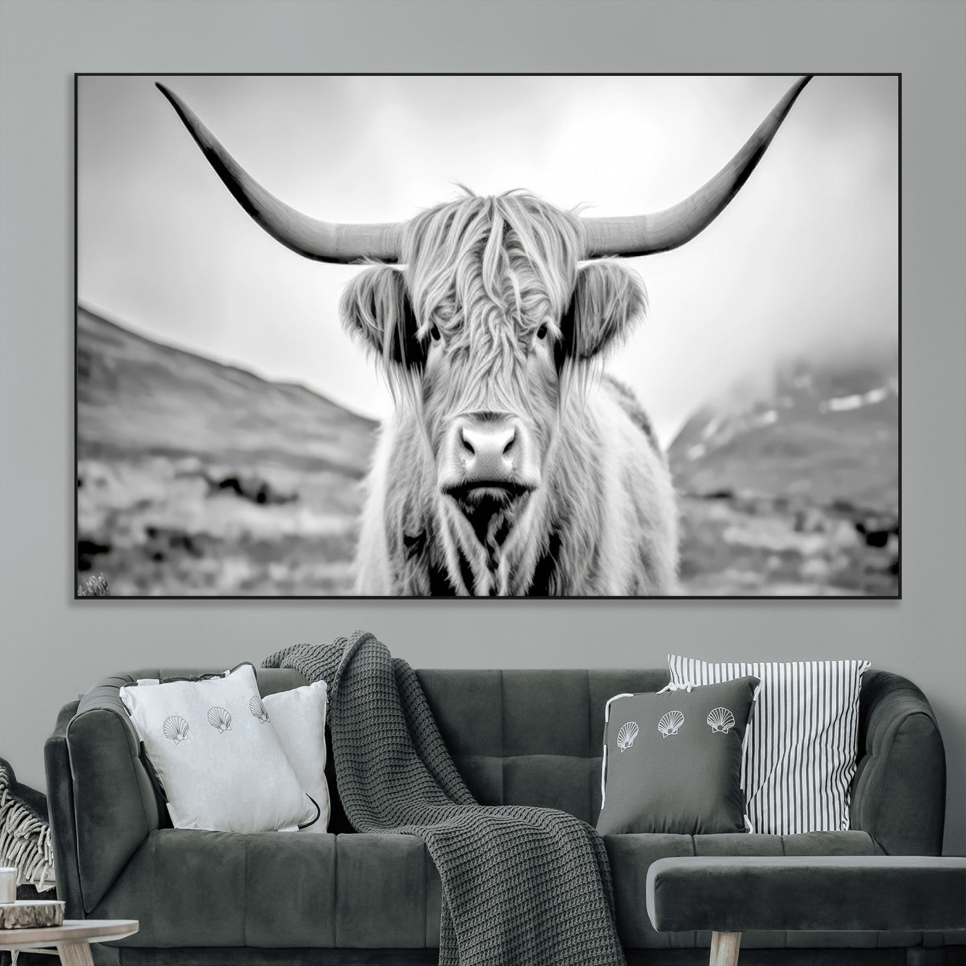 80564-MGV-CV-36X24-Highland Cow Wall Art – Black and White Scottish Highland Canvas Print, Rustic Farmhouse Decor for Living Room, Bedroom or Office