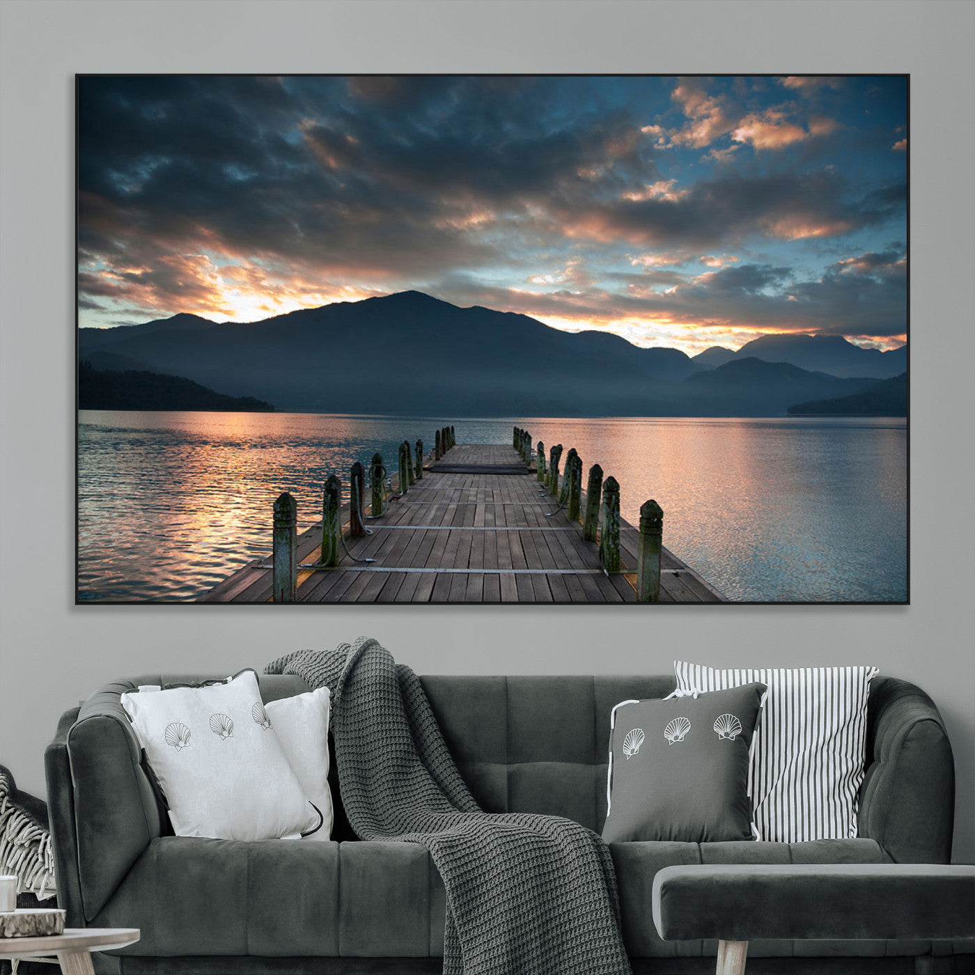20442-MGV-CV-36X24-Lakeside Sunset Dock Wall Art – Peaceful Mountain Lake Canvas Print, Serene Nature Landscape Decor for Living Room, Bedroom or