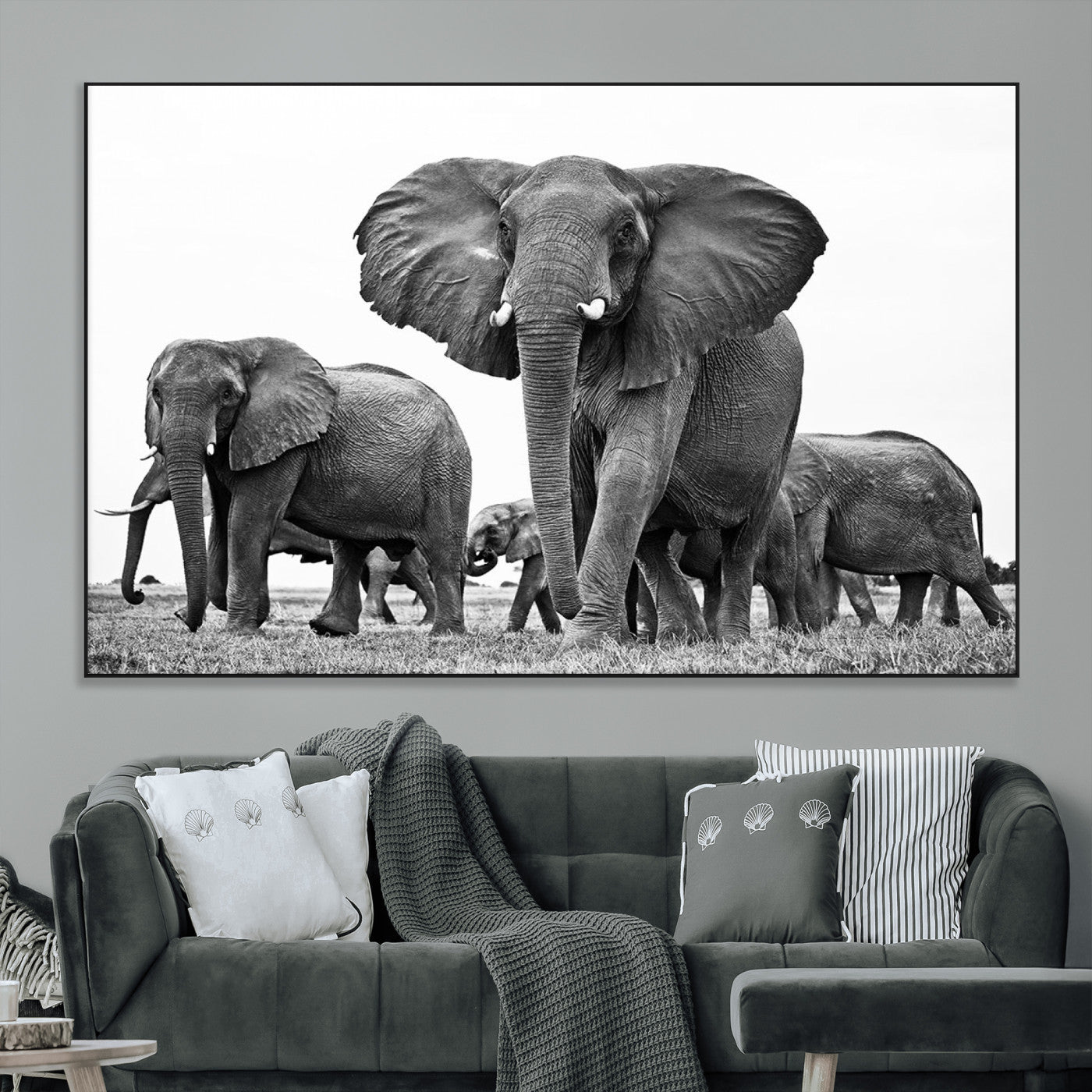 91685-MGV-CV-36X24-Elephant Herd Wall Art – Black and White Safari Canvas Print, African Wildlife Photography Decor for Living Room, Office or
