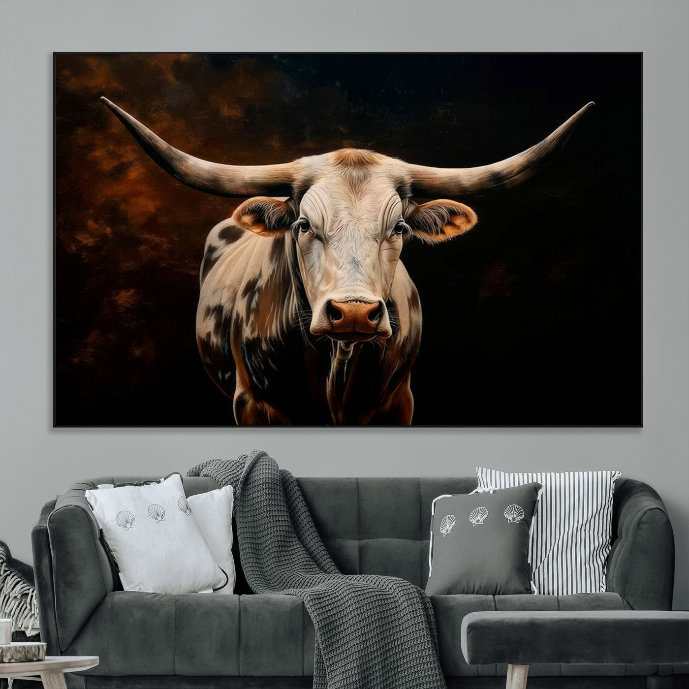 70522-MGV-CV-36X24-Longhorn Bull Wall Art – Striking Canvas Print of Majestic Bull, Premium Animal Decor for Home, Office, Man Cave, or Living Room