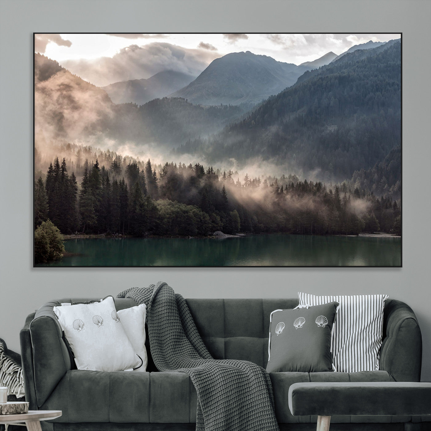 61116-MGV-CV-36X24-Misty Mountain Lake Wall Art – Tranquil Foggy Forest and Lake Canvas Print, Scenic Nature Landscape Decor for Living Room or