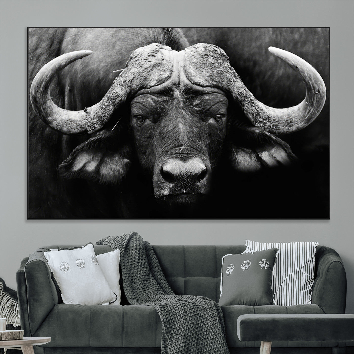 75273-MGV-CV-36X24-Buffalo Wall Art – Black and White African Buffalo Canvas Print, Rustic Wildlife Animal Artwork for Farmhouse, Living Room,