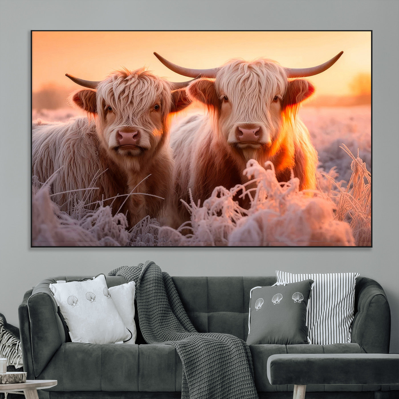 68253-MGV-CV-36X24-Highland Cow Wall Art – Rustic Farmhouse Cattle Canvas Print, Frosty Sunset Animal Artwork for Living Room, Bedroom or Country