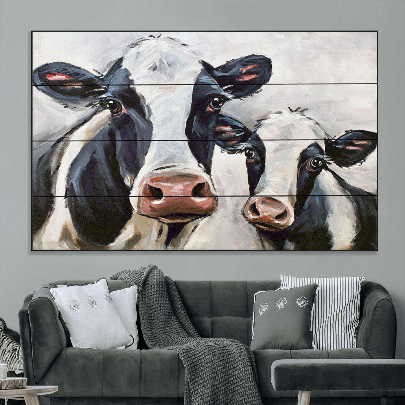28934-MGV-CV-36X24-Farmhouse Cow Wall Art – Rustic Black and White Dairy Cattle Canvas Print, Country Barn Animal Painting for Kitchen, Living Room