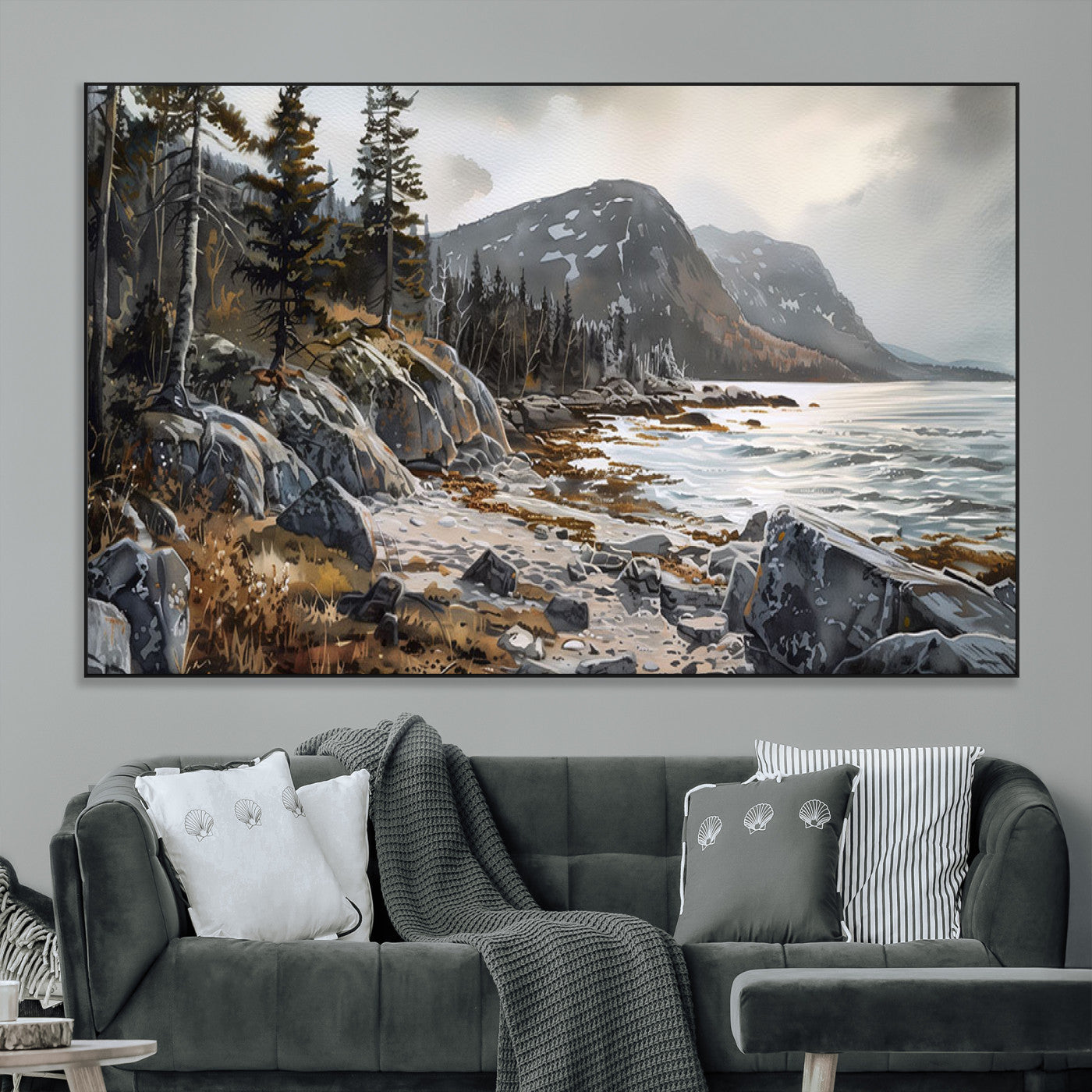 41281-MGV-CV-36X24-Rocky Shoreline Wall Art – Panoramic Mountain Coast and Forest Canvas Print, Rustic Nature Landscape Decor for Cabin, Lodge, or
