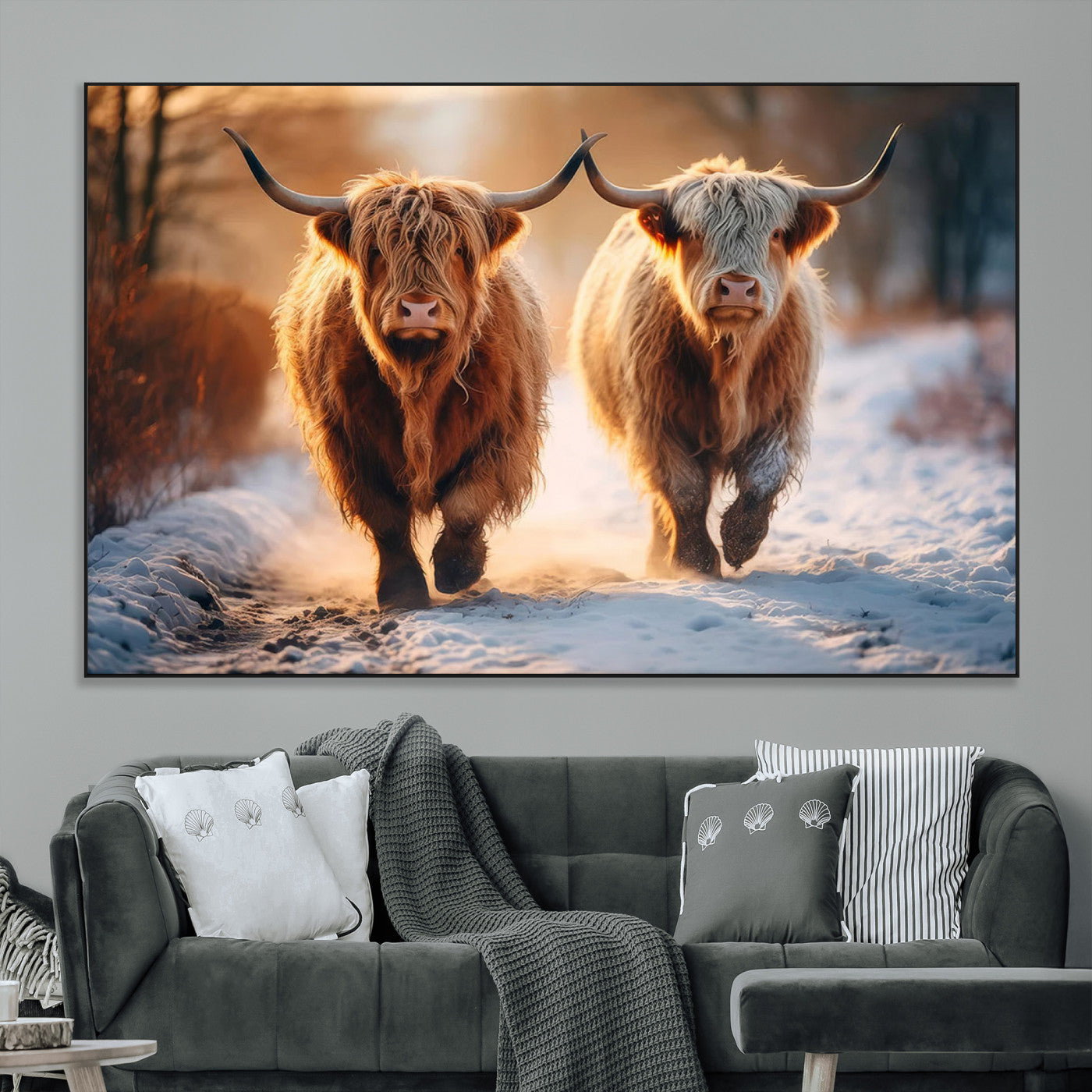 50490-MGV-CV-36X24-Highland Cow Wall Art – Rustic Panoramic Canvas Print Two Cattle Snowy Landscape, Farmhouse Country Decor for Living Room Office