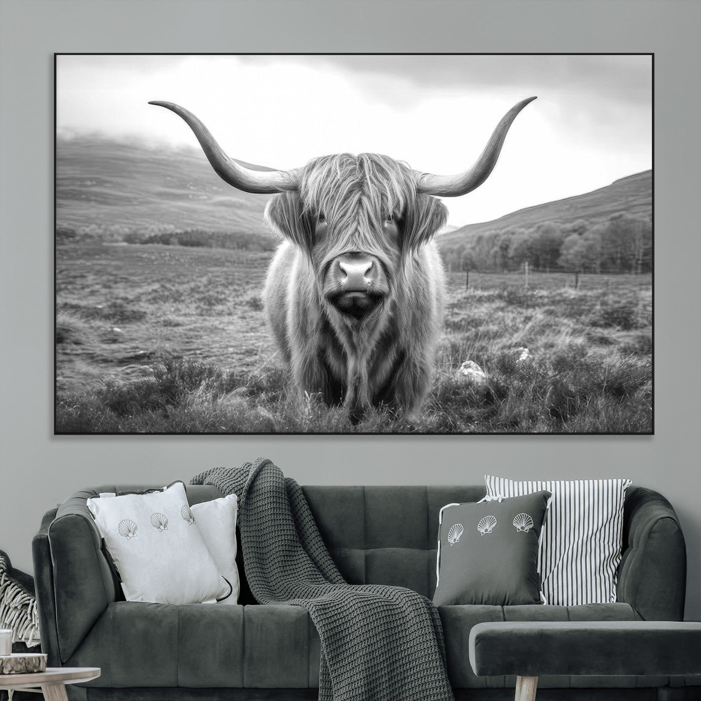 52903-MGV-CV-36X24-Highland Cow Wall Art – Black and White Canvas Print Rustic Cattle Portrait, Farmhouse Country Decor for Living Room, Office,