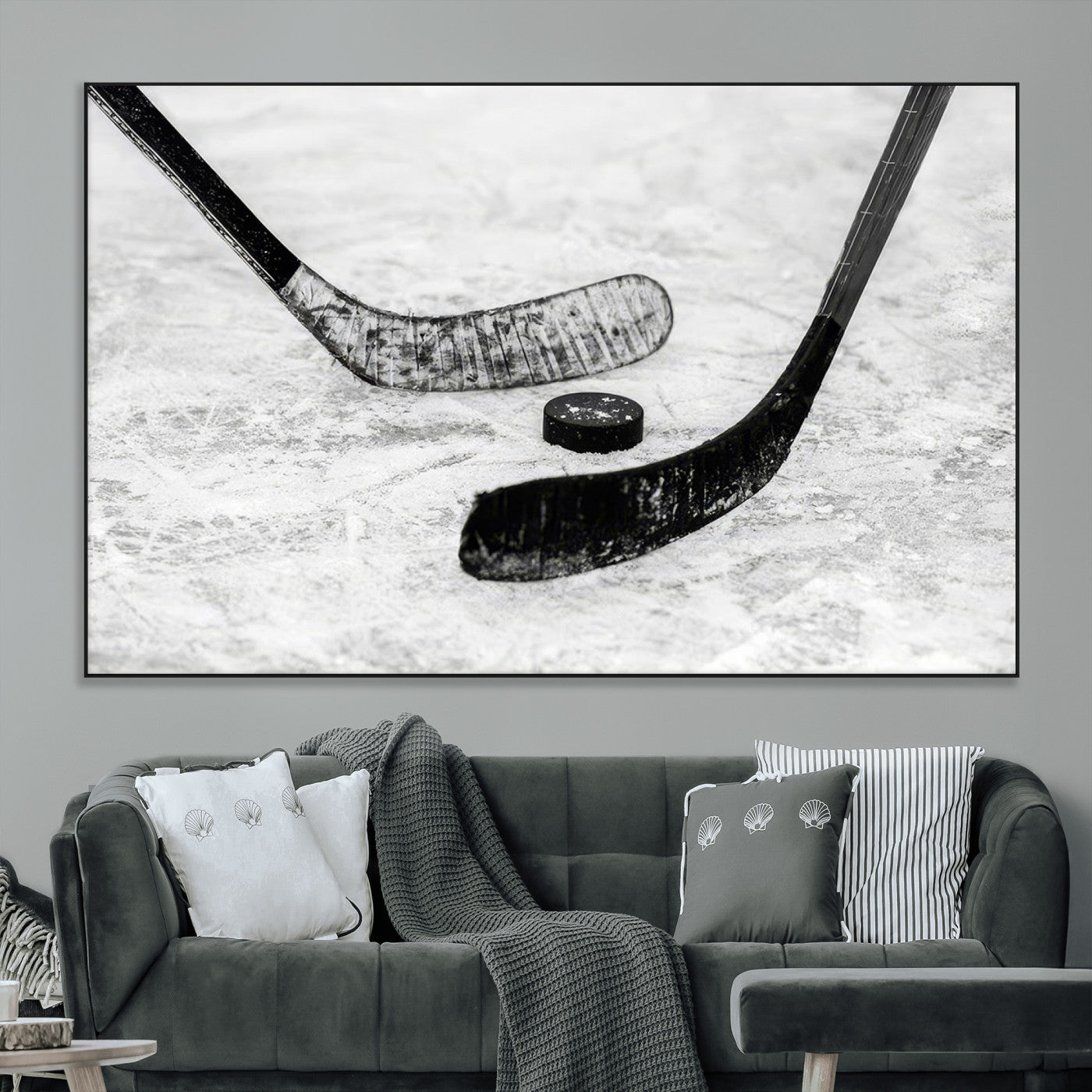 82900-MGV-CV-36X24-Hockey Wall Art – Black and White Canvas Print Ice Rink Sticks Puck Sports Photography, Modern Decor for Game Room, Man Cave,