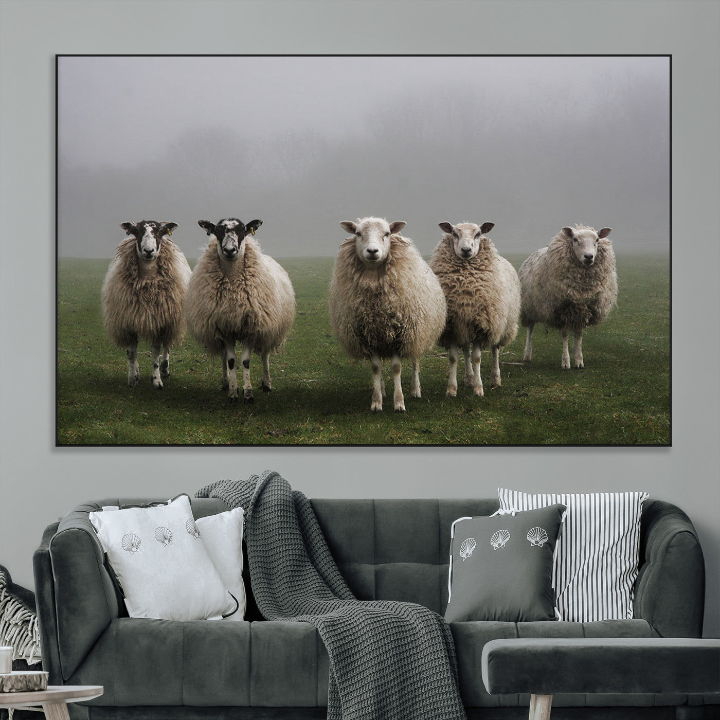 87339-MGV-CV-36X24-Sheep Wall Art – Rustic Farmhouse Canvas Print Flock Standing Misty Field Countryside Photography, Country Animal Decor for Living
