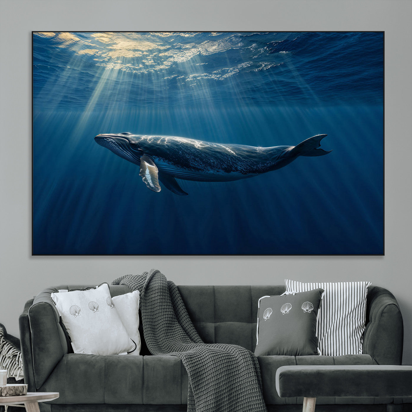 18052-MGV-CV-36X24-Whale Wall Art – Majestic Ocean Canvas Print Marine Life Underwater Sunlight Scene, Nautical Coastal Decor for Living Room,