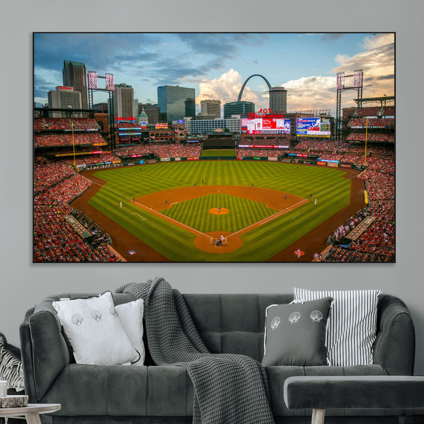 Baseball Stadium Wall Art – Canvas Print Game Day Field City Skyline Iconic Arch Scene Sports Photography, Decor for Game Room, Man Cave, Bar, Office