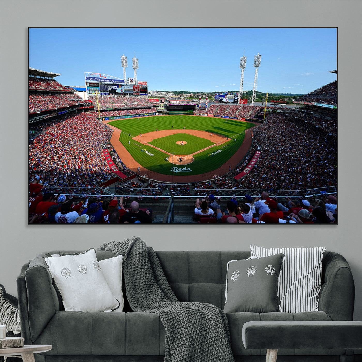 90998-MGV-CV-36X24-Baseball Stadium Wall Art – Canvas Print Day Game Field Packed Crowd Bright Blue Sky Sports Photography, Classic Decor for Game
