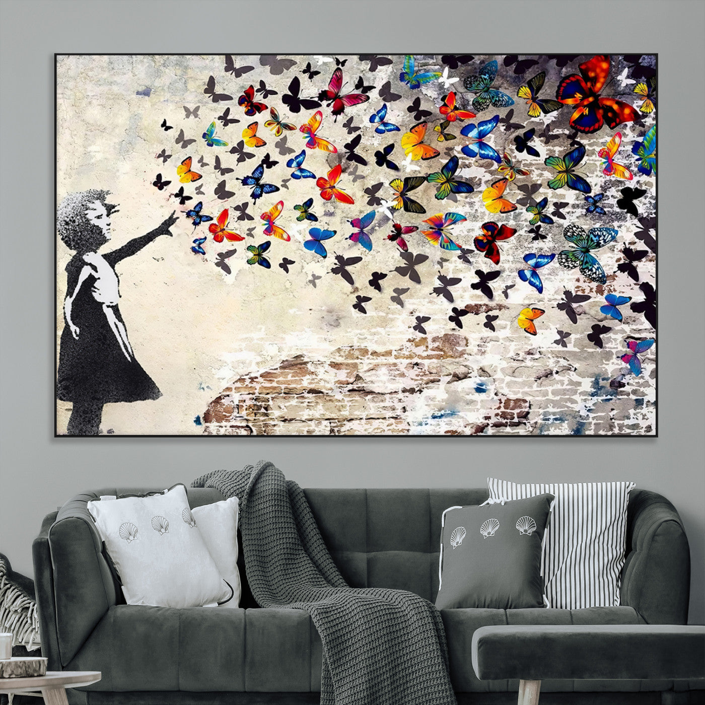 97895-MGV-CV-36X24-Girl with Butterflies Wall Art – Colorful Street Art Style Canvas Print, Modern Graffiti-Inspired Butterfly Artwork for Living