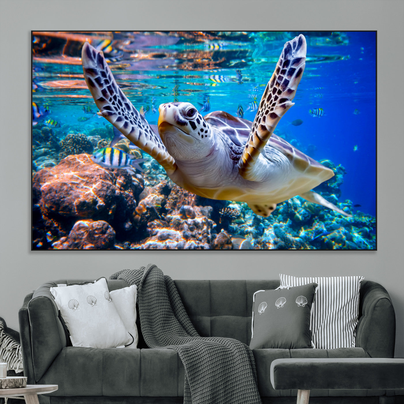 12683-MGV-CV-36X24-Sea Turtle Wall Art – Graceful Ocean Canvas Print with Coral Reef and Tropical Fish, Coastal Marine Life Decor for Beach House,