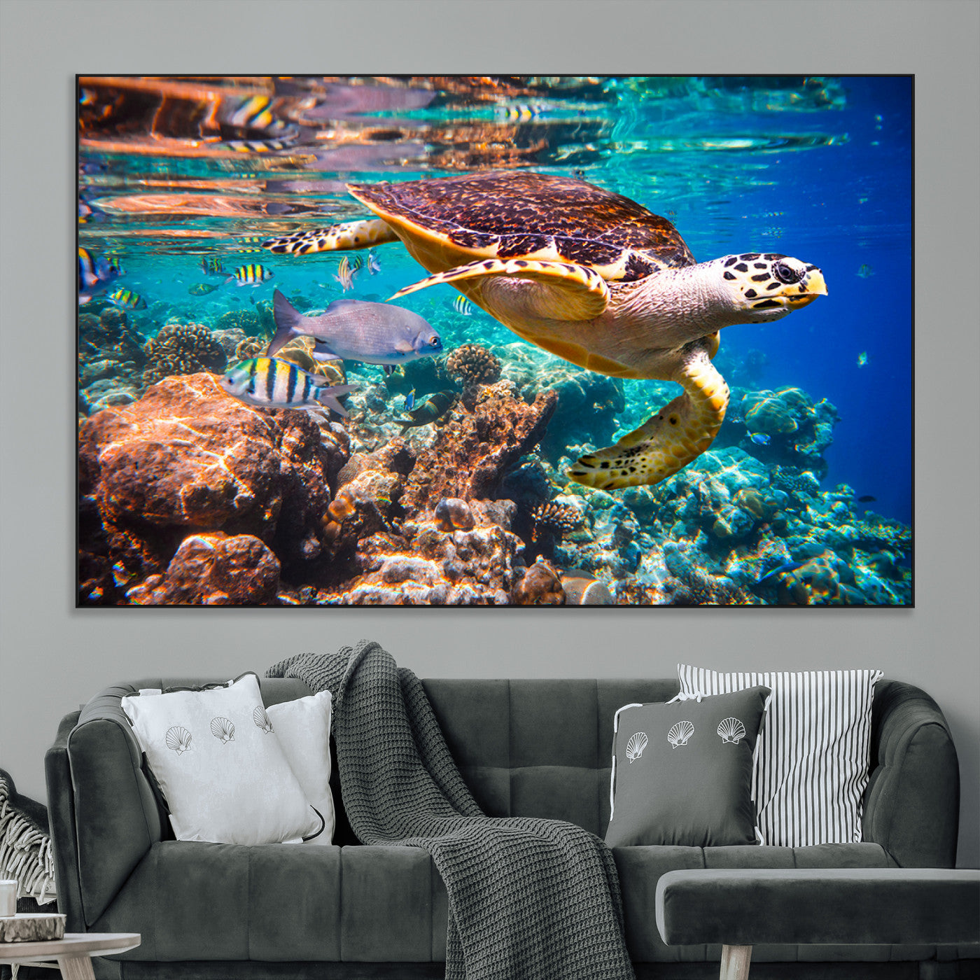 66614-MGV-CV-36X24-Sea Turtle Wall Art – Hawksbill Turtle Swimming Over Coral Reef Canvas Print, Ocean Marine Life Decor for Beach House, Coastal