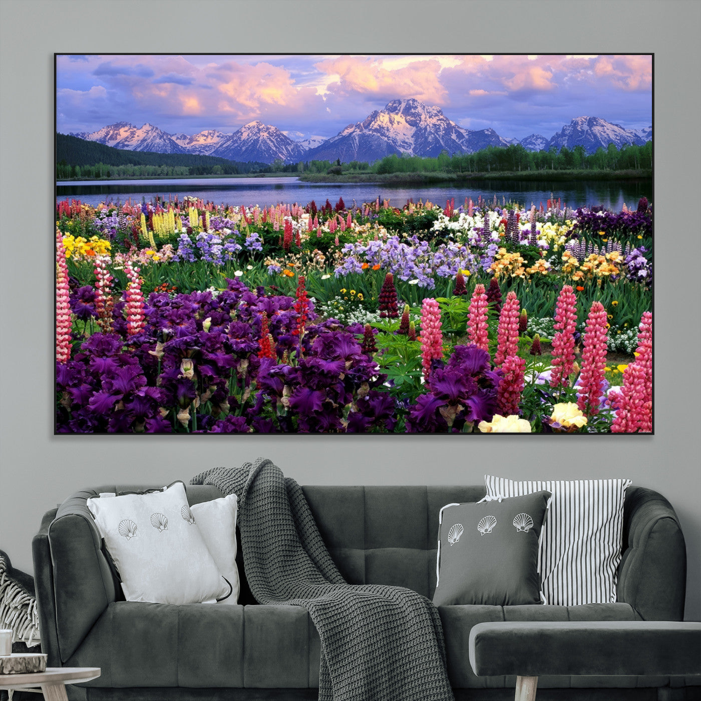 82270-SEG-FC-51X34_Oversize_Oversize-Colorful Wildflower Meadow Landscape Wall Art – Snow-Capped Mountain Lake Sunset Print, Vibrant Nature Artwork for Living Room,
