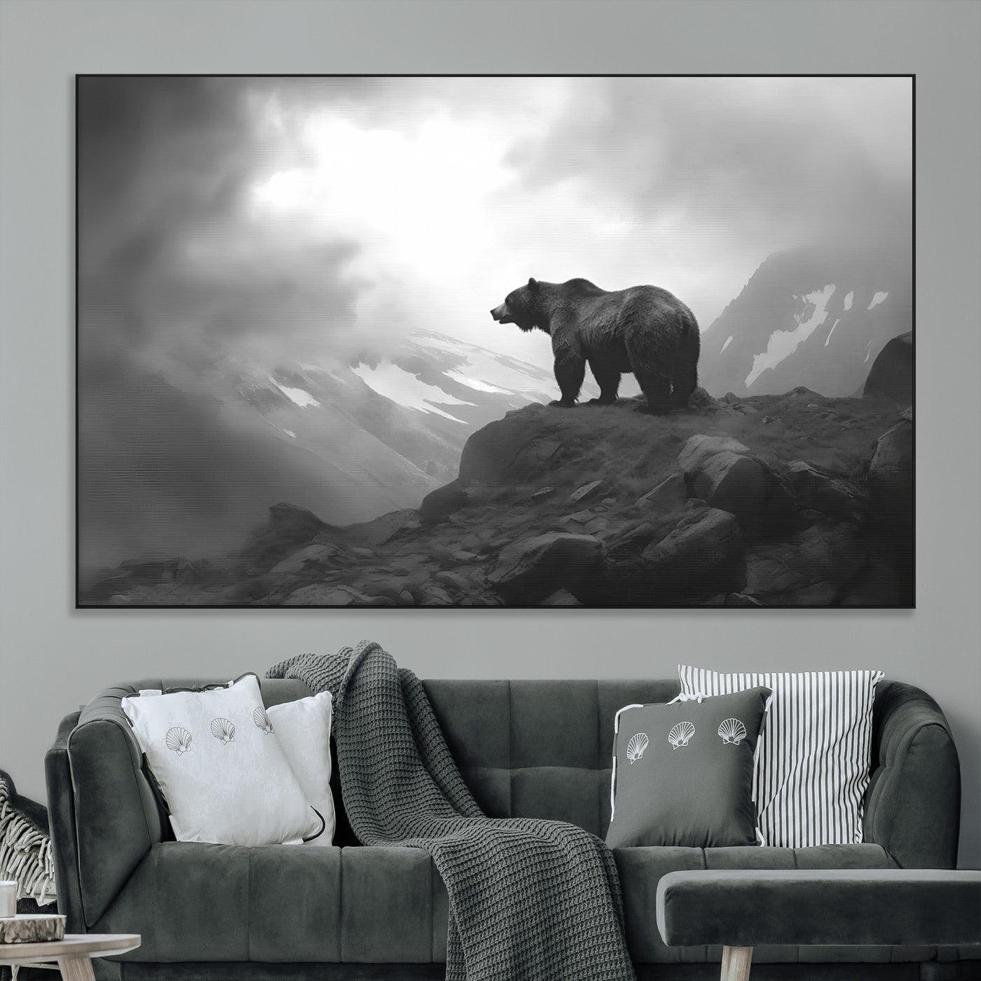 49504-MGV-CV-36X24-Black and White Grizzly Bear Wall Art – Wilderness Wildlife Painting, Rustic Mountain Cabin Decor, Monochrome Animal Print for