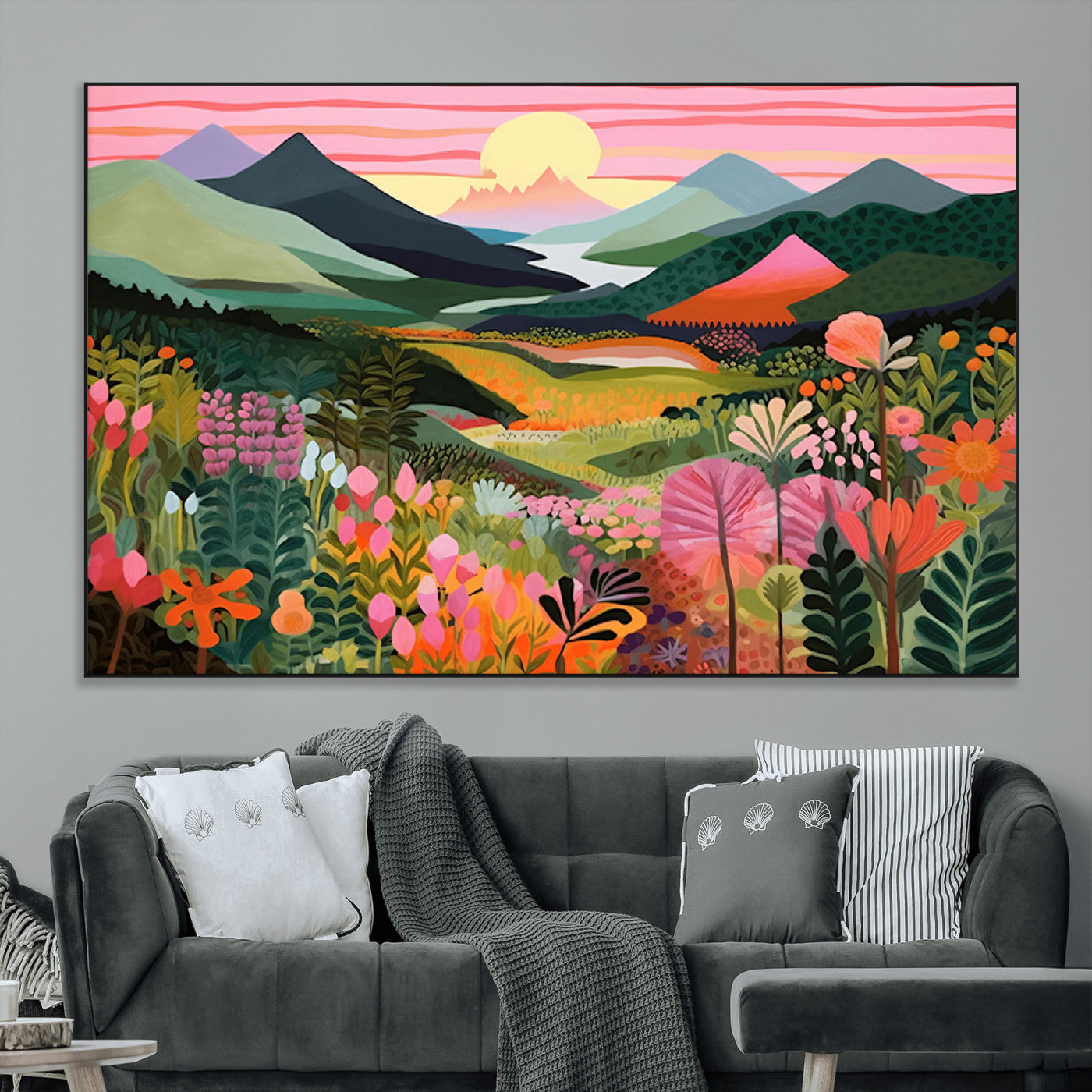 99638-MGV-CV-36X24-Sunset Meadow Wall Art – Panoramic Mountain Landscape with Wildflowers Canvas Print, Vibrant Nature Decor for Living Room, Bedroom