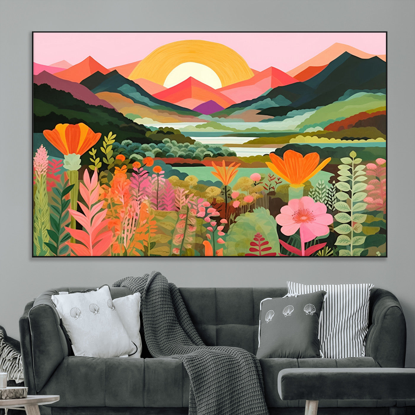 78974-MGV-CV-36X24-Sunset Mountain Landscape Wall Art – Colorful Nature Canvas Print with Flowers and Hills, Vibrant Botanical Artwork for Living
