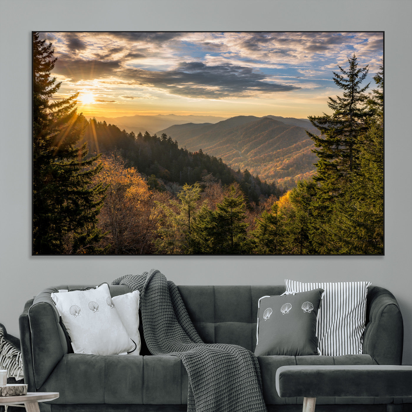 73692479-MGV-CV-36X24-Smoky Mountains Wall Art Canvas Print, Framed Forest Mountain Art Picture Print, Spring Mountain Perfect Spring Style Decor