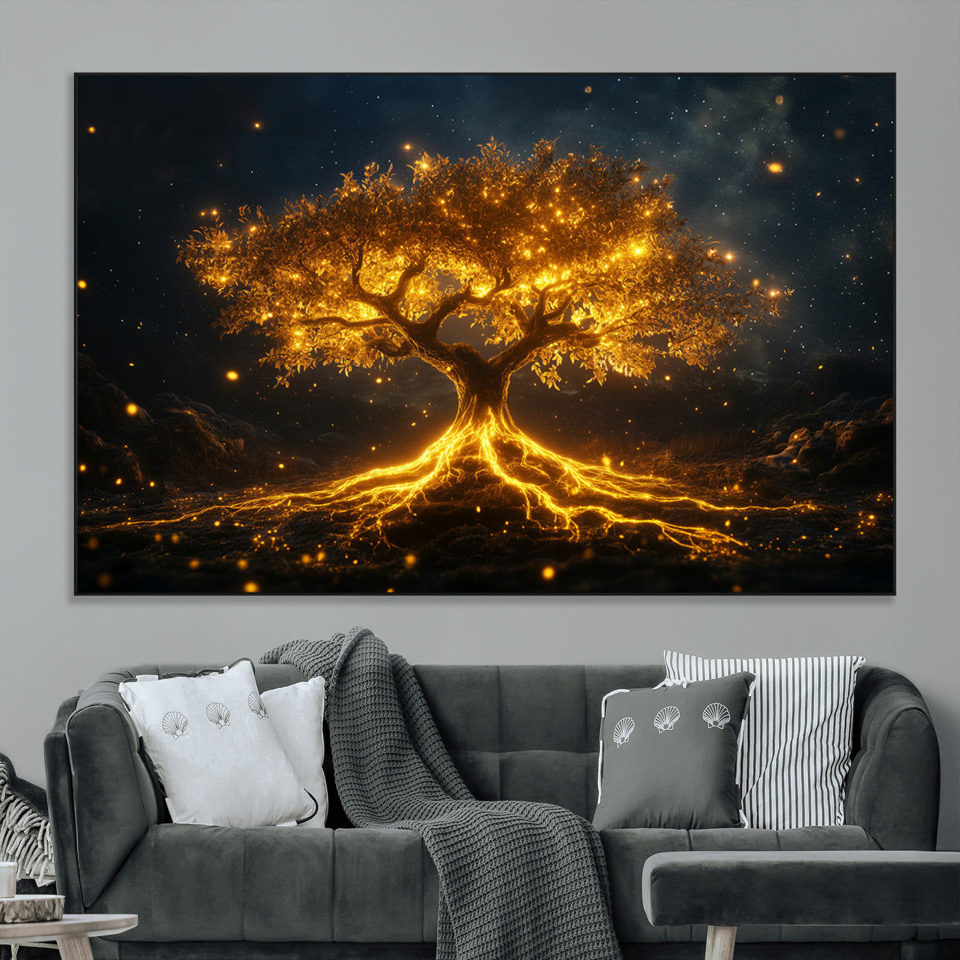 60194-MGV-CV-36X24-Glowing Tree Wall Art – Golden Roots Fantasy Canvas Print, Mystical Illuminated Tree Painting Poster for Living Room, Bedroom,