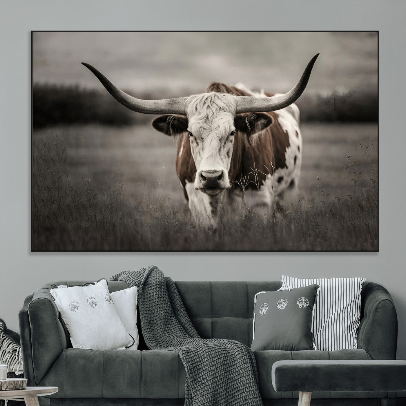 69238-MGV-CV-36X24-Longhorn Bull Wall Art – Rustic Black and White Texas Cattle Canvas Print, Western Farmhouse Animal Photography for Living Room,