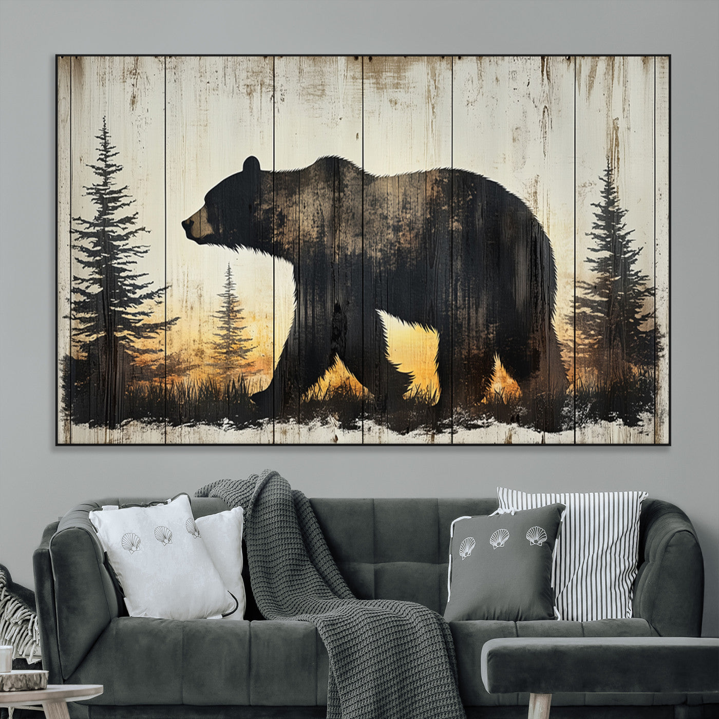 83875-MGV-CV-36X24-Sunset Bear Wall Art – Rustic Wildlife Canvas Print with Forest Silhouette, Cabin Lodge Decor for Living Room or Office