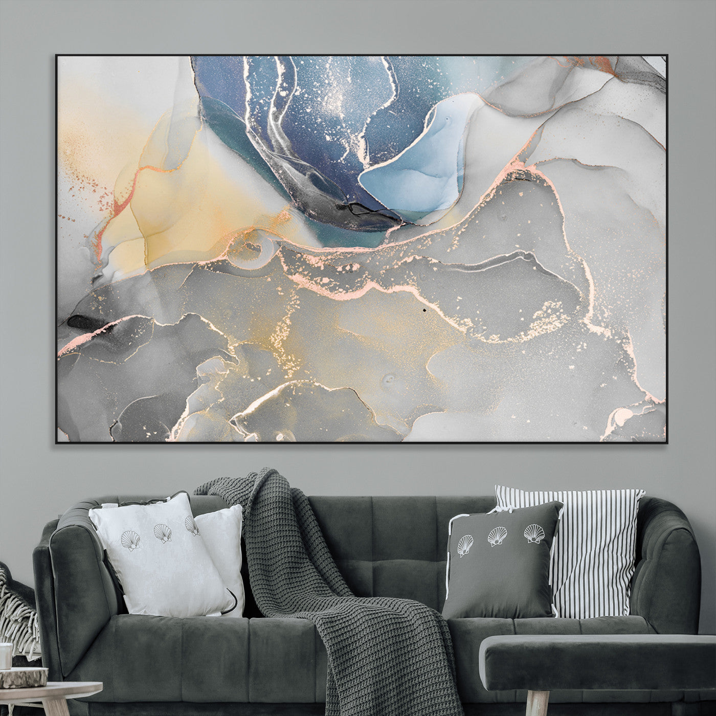 18176-MGV-CV-36X24-Abstract Fluid Wall Art – Modern Marble Ink Canvas Print with Blue, Gold, and Gray Tones, Contemporary Minimal Artwork Decor for