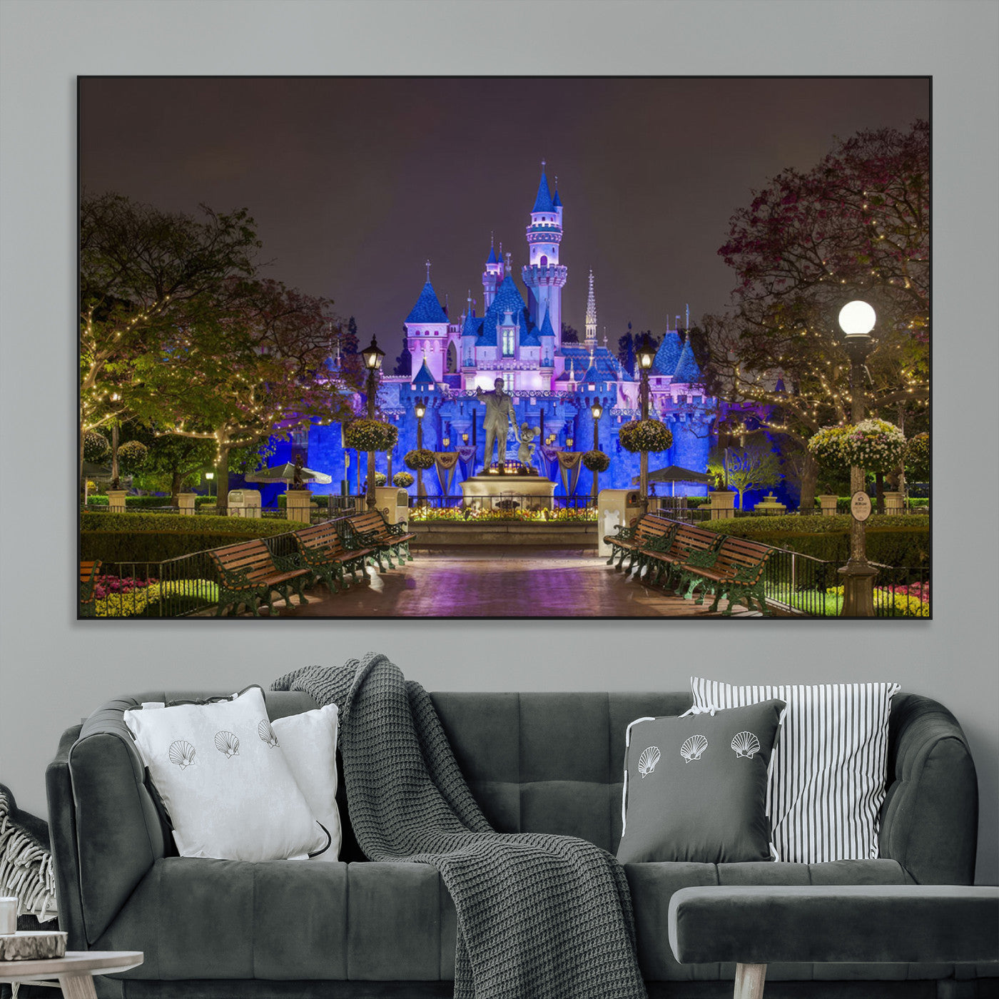 63560-MGV-CV-36X24-Fairy Tale Castle Wall Art – Magical Night Scene Canvas Print with Lights and Gardens, Fantasy Architecture Artwork for Living