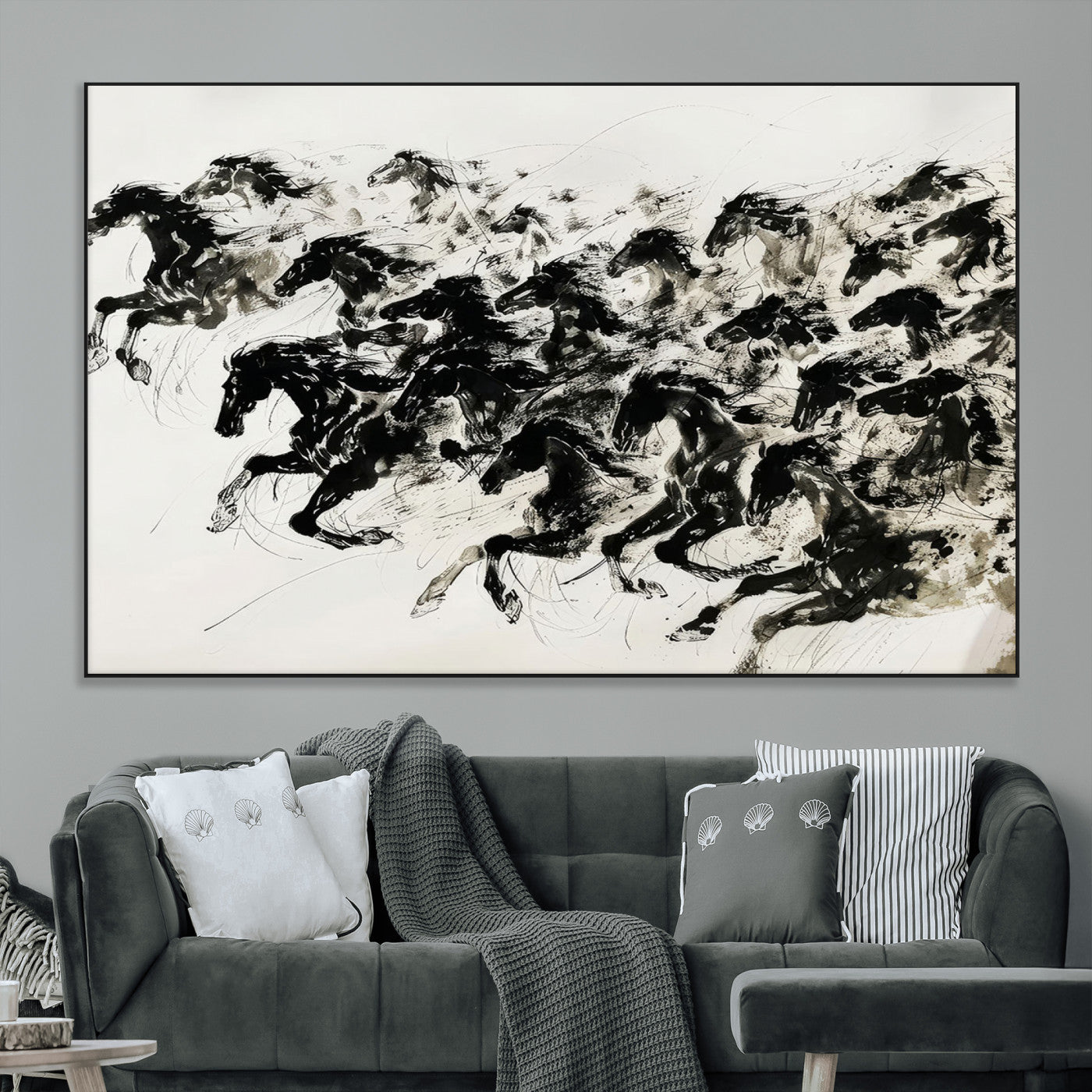 23069-MGV-CV-36X24-Galloping Horses Wall Art – Black Ink Painting on Canvas, Dynamic Equestrian Artwork with Running Stallions, Expressive Modern