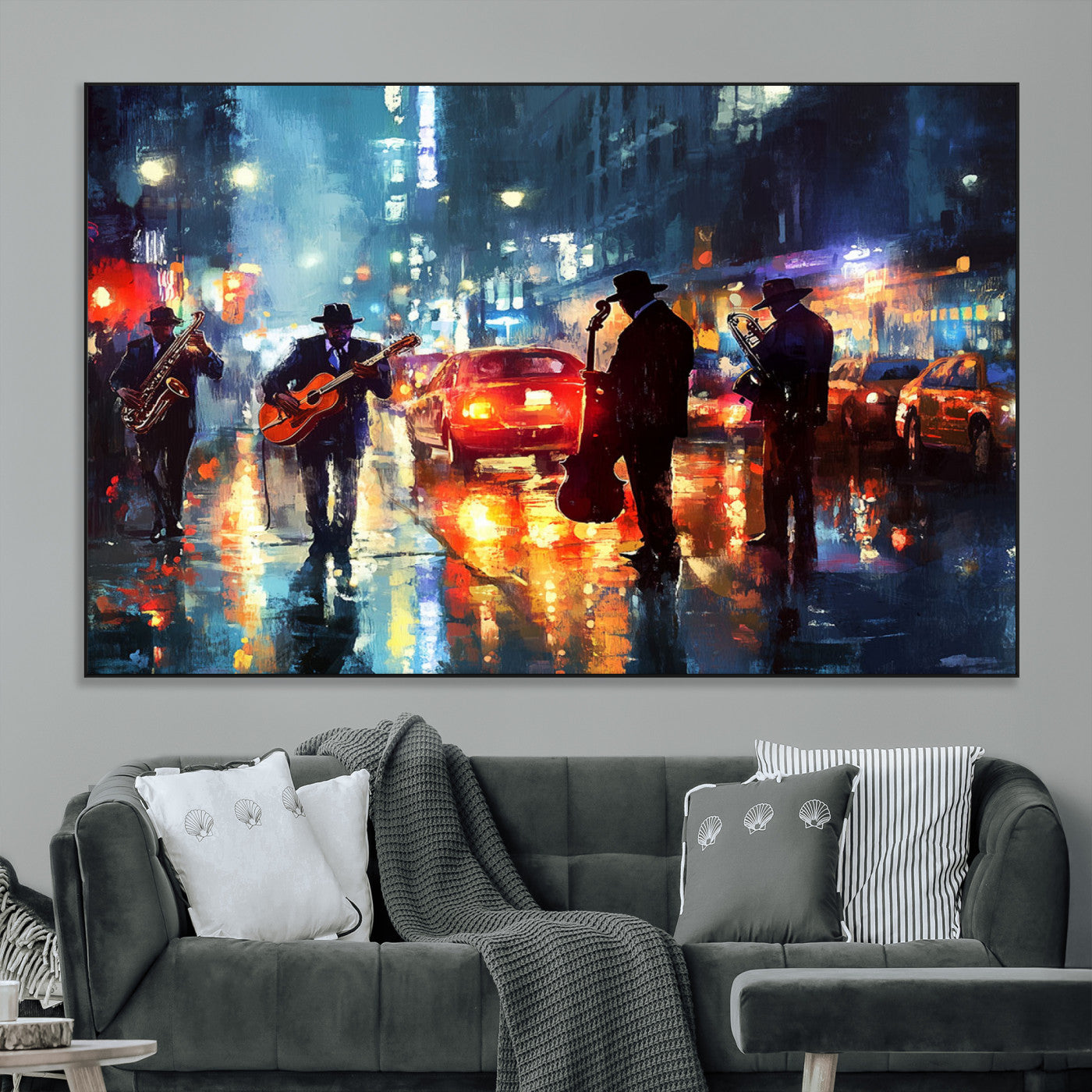 94605-MGV-CV-36X24-City Jazz Night Wall Art – Vibrant Music Canvas Print Featuring Saxophone, Guitar and Bass Players, Urban Street Scene Artwork for