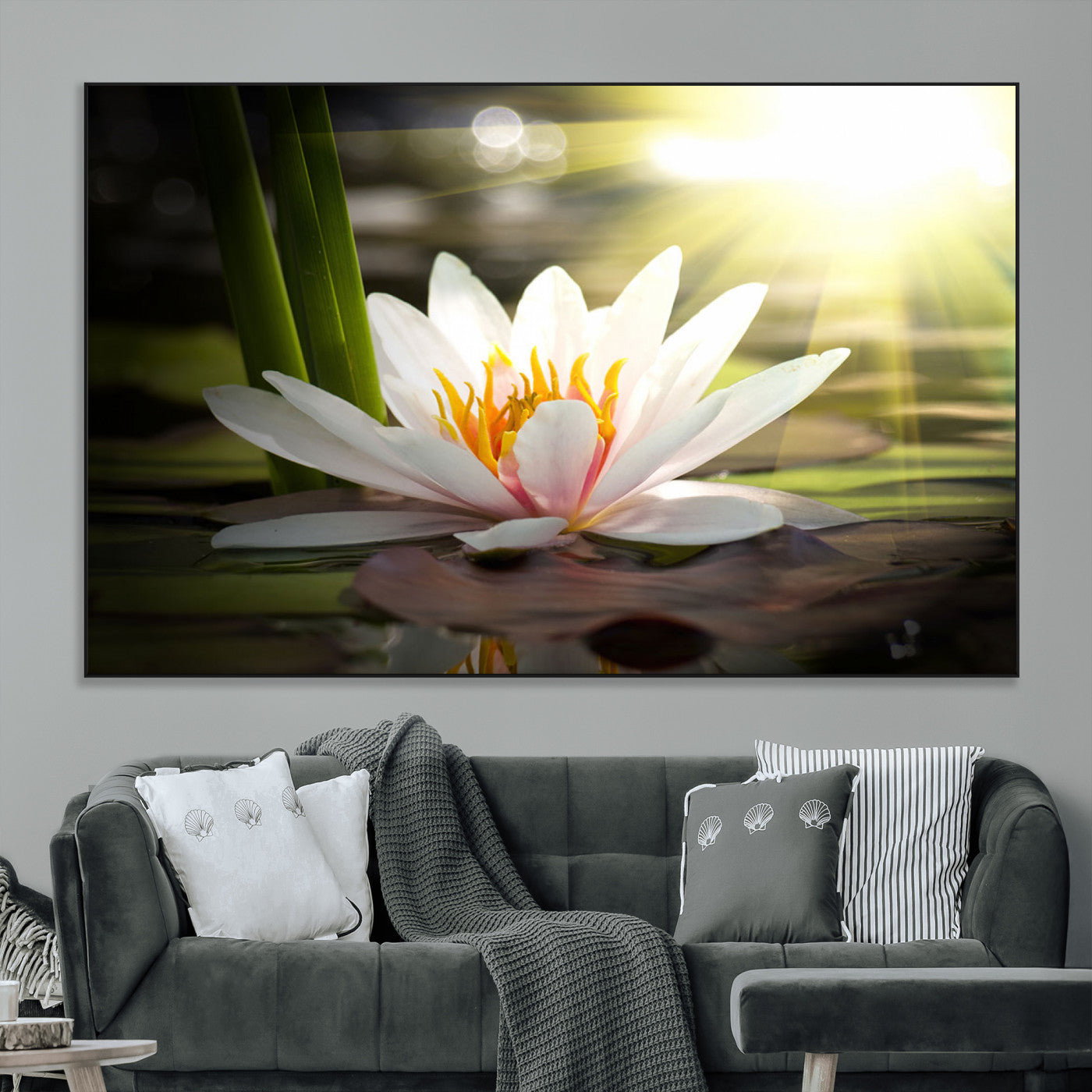 40478-MGV-CV-36X24-Water Lily Wall Art – White Lotus Flower Canvas Print with Sunlight Reflection, Serene Botanical Artwork for Living Room, Bedroom,