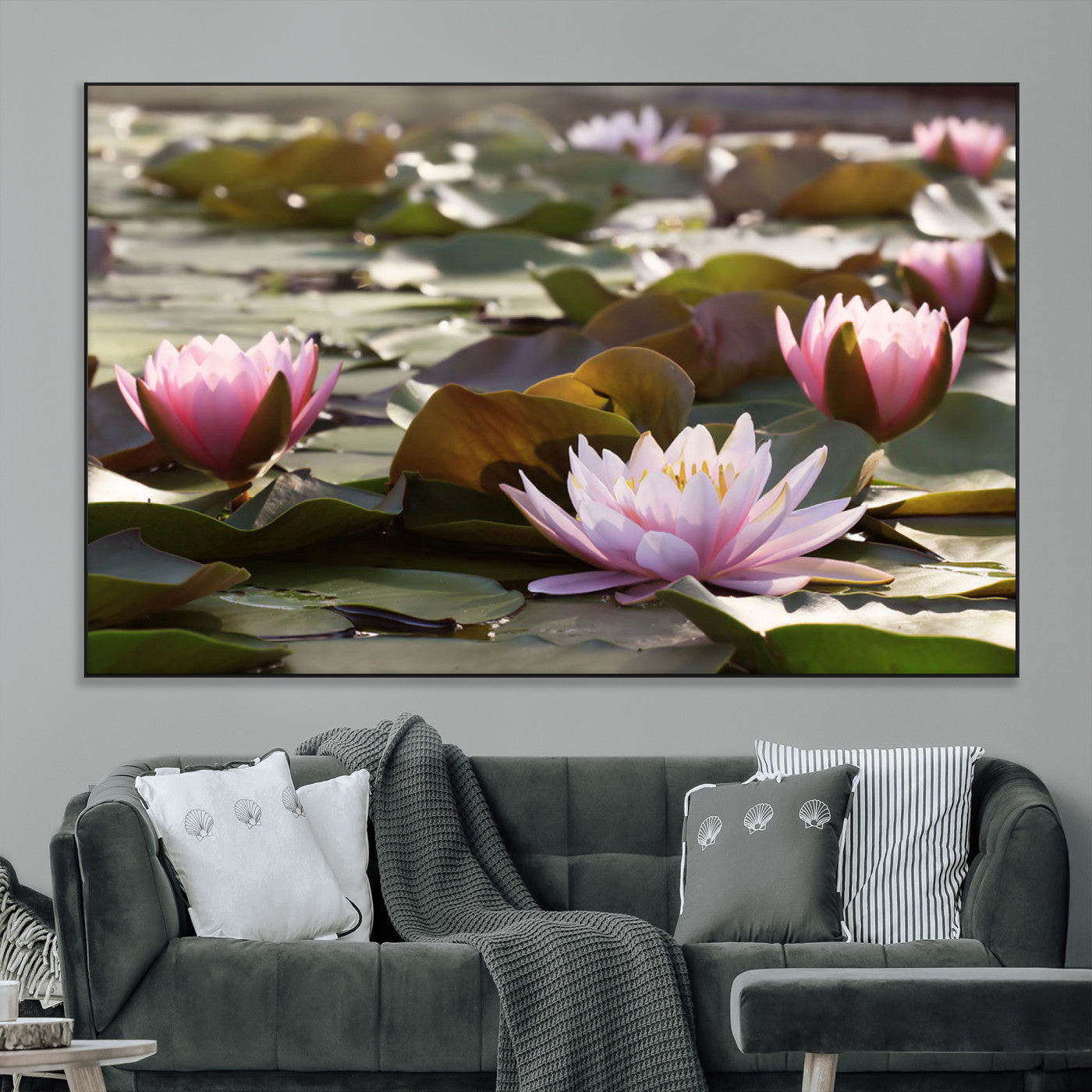 72218-MGV-CV-36X24-Water Lily Pond Wall Art – Pink Lotus Flowers Canvas Print with Green Lily Pads, Peaceful Botanical Artwork for Living Room,