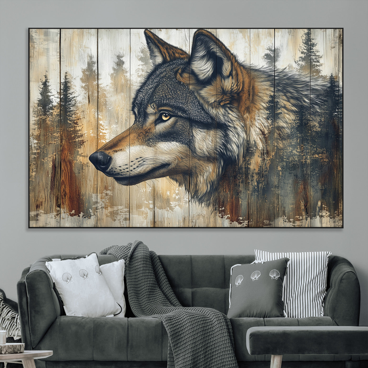 91882-MGV-CV-36X24-Wolf Wall Art – Rustic Canvas Print of Forest Wolf on Wood Background, Wildlife Lodge Artwork for Living Room, Bedroom, Cabin, or