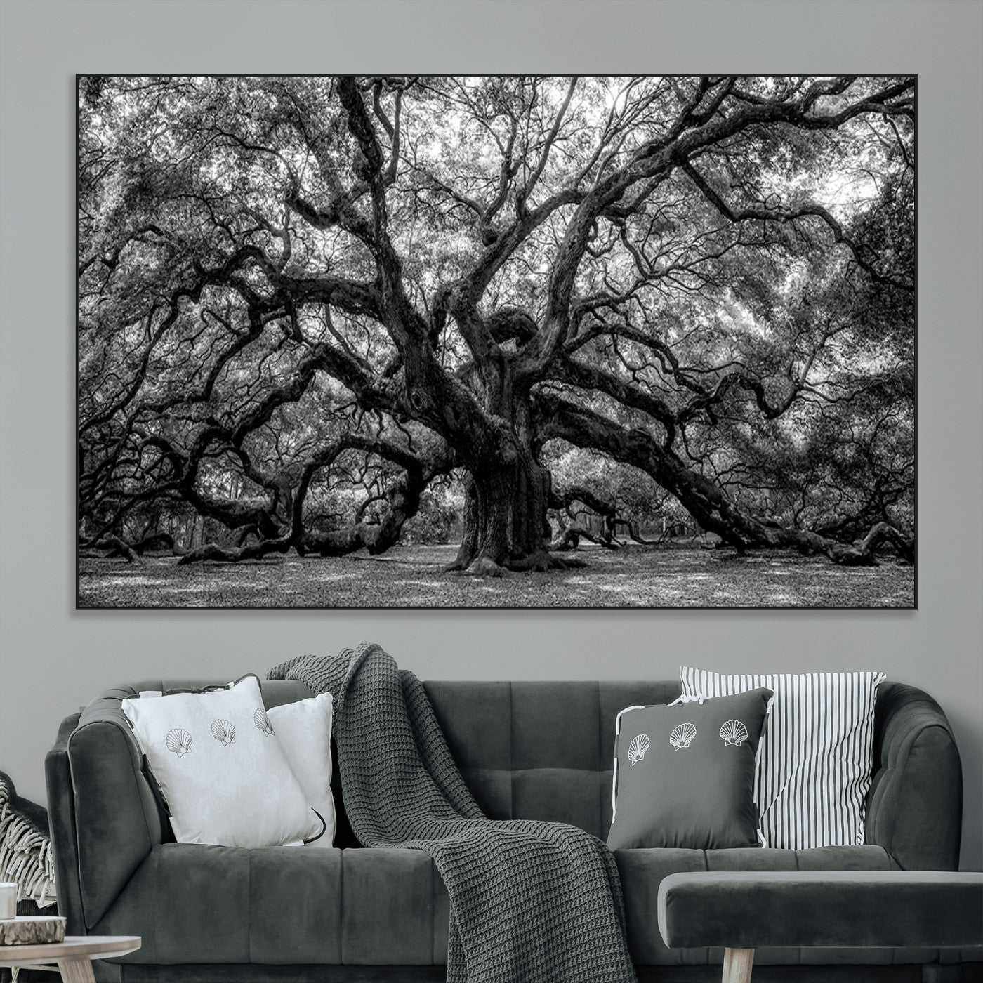 132944706-MGV-CV-36X24-Ancient Tree Wall Art – Black and White Photography Canvas Print Featuring Majestic Twisting Branches, Rustic Nature Artwork for