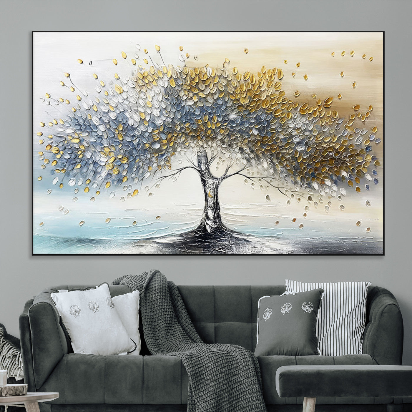 24771-MGV-CV-36X24-Silver Tree Wall Art Canvas Print, Framed Golden Leaves Art Picture Print, Metallic Tree Perfect Minimalist Luxury Decor Artwork