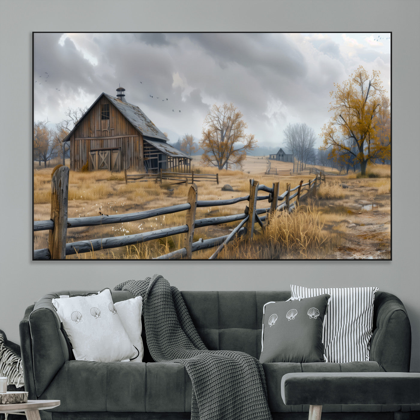 Farm1-MGV-CV-36X24-Rustic Autumn Farmhouse Wall Art – Serene Countryside Scene Canvas Print, Weathered Barn and Autumn Trees Decor for Living Room,