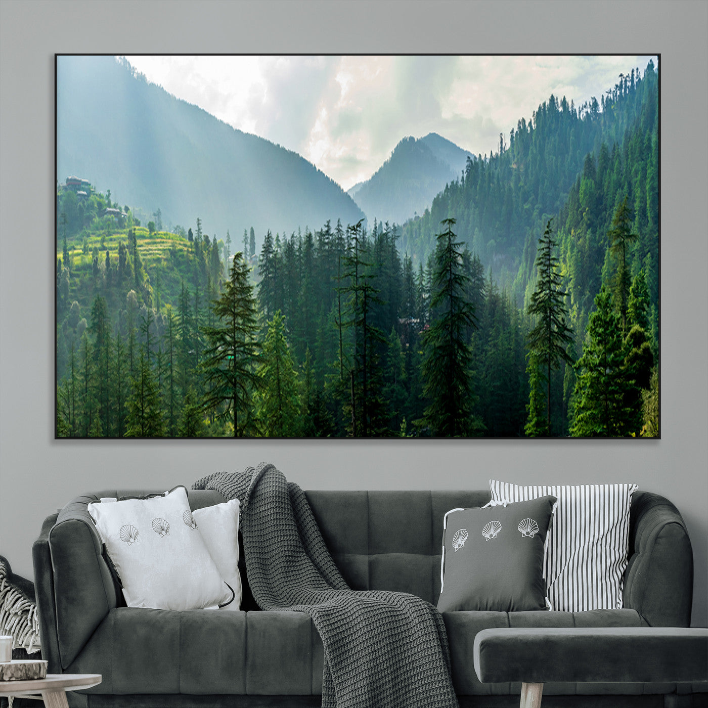 83417191-MGV-CV-36X24-Misty Mountain Forest Wall Art – Pine Tree Landscape Canvas Print, Nature Photography Panorama, Tranquil Green Forest Décor for