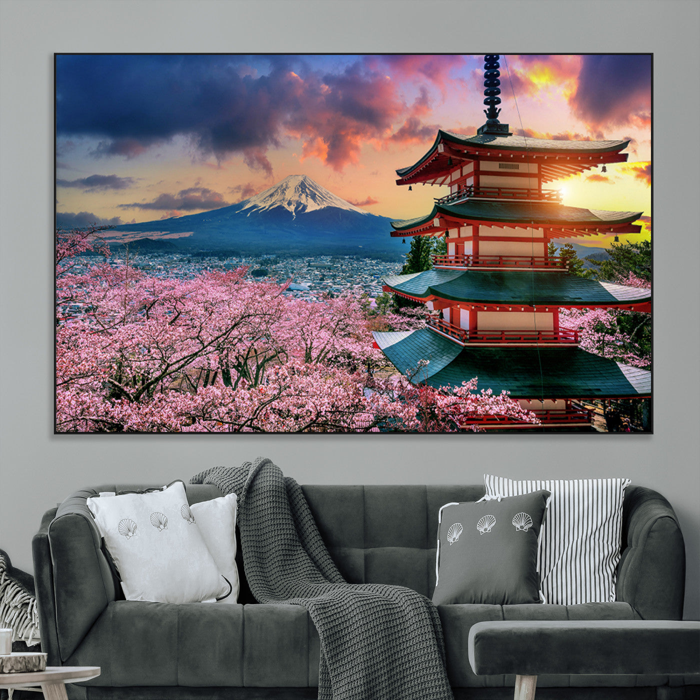 32331262-MGV-CV-36X24-Mount Fuji Japan Wall Art – Cherry Blossom Landscape Canvas Print, Chureito Pagoda Sunset Photography, Japanese Nature Travel