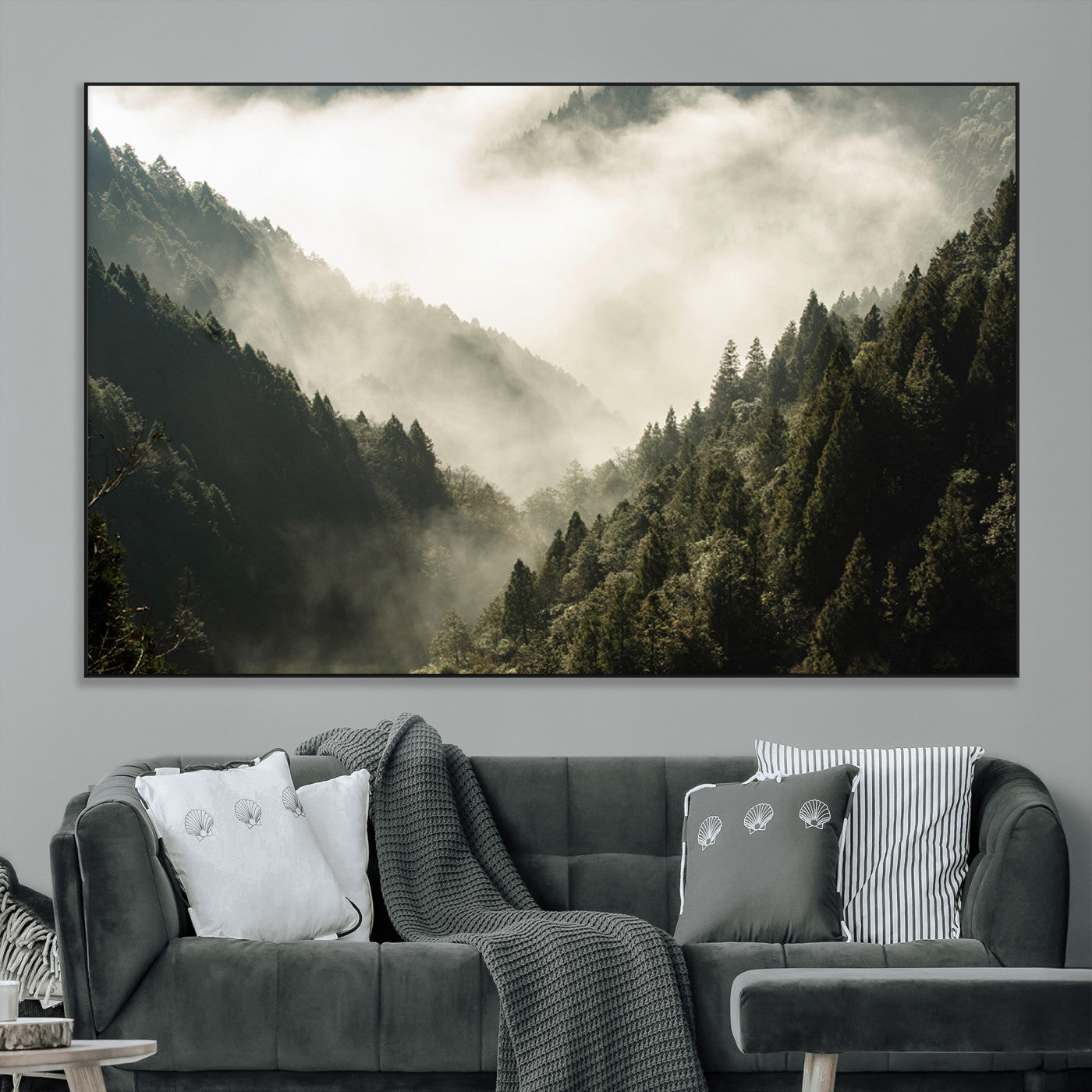 57570237-MGV-CV-36X24-Misty Valley Wall Art Canvas Print, Framed Foggy Forest Art Picture Print, Pine Trees Perfect Moody Woodland Decor Artwork